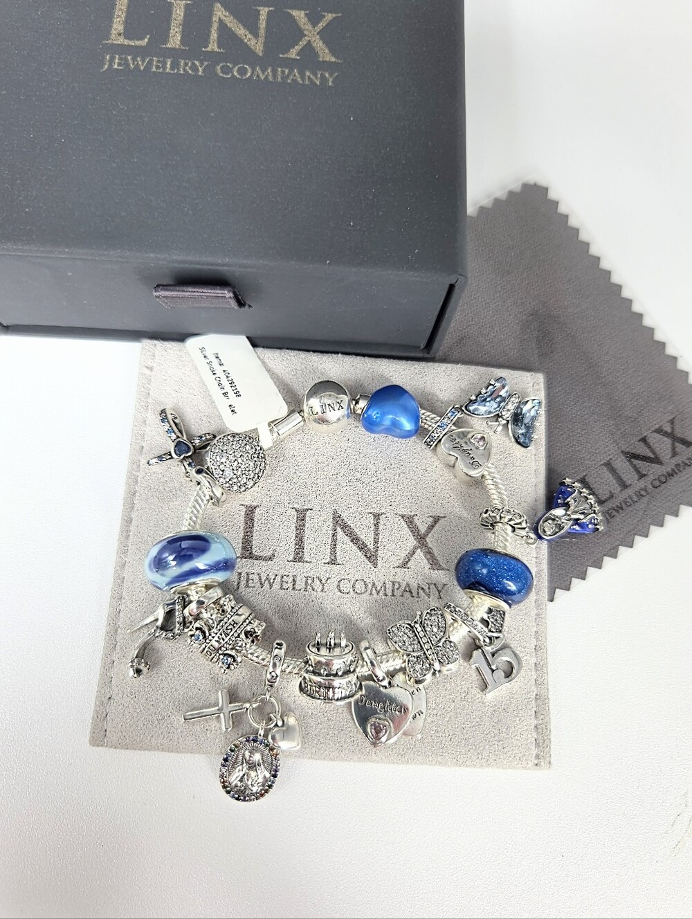 Linx Snake Chain Bracelet with Blue Religious Quinceanera Charms